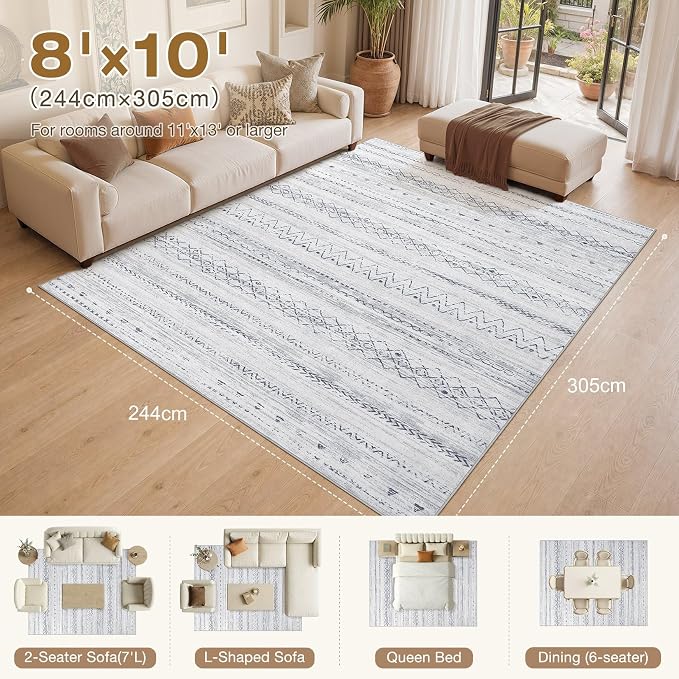 cotiled Boho 8x10 Area Rugs for Living Room: Large Moroccan Washable Rug | Stain Resistan Carpet for Bedroom Farmhouse Dining Room Grey