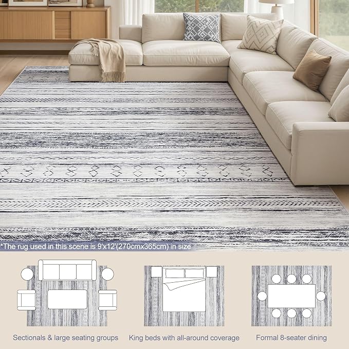 Tortania Area Rug Living Room Rugs - 9x12 Washable Large Soft Neutral Boho Moroccan Bohemian Farmhouse Rug Indoor Floor Carpet for Bedroom Under Dining Table Home Office Decor - Grey