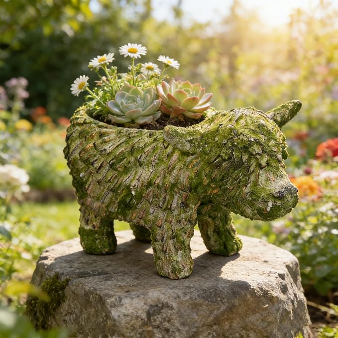Rustic Highland Cow Planter - Vintage Distressed Green Resin Planter Pot Indoor&Outdoor Flower Pots for Garden Home Decor, Succulent, Herbs