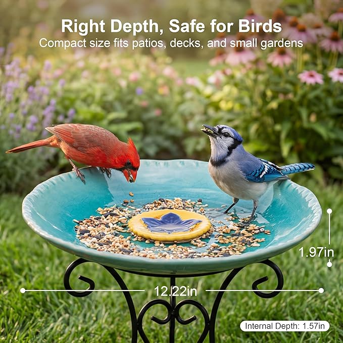 Topadorn 2" Depth Ceramic Birdbath & Birdfeeder for Small Birds Outdoors, 12.2'' Bird Bath Bowl for Vintage Garden Patio Yard Lawn Decor, Blue with Yellow Flower