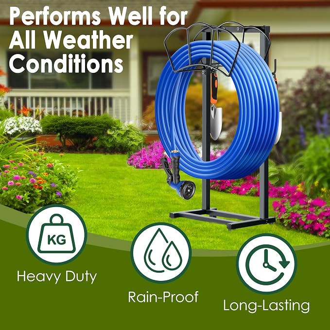 Garden Hose Holder, Heavy Duty Water Hose Holders, Sturdy Metal Hose Stand, Hose Organizer, Water Hose Hanger Rack, Hose Reel Storage Stake hold 150Ft Water Hoses, for Patio, Lawn, Garden