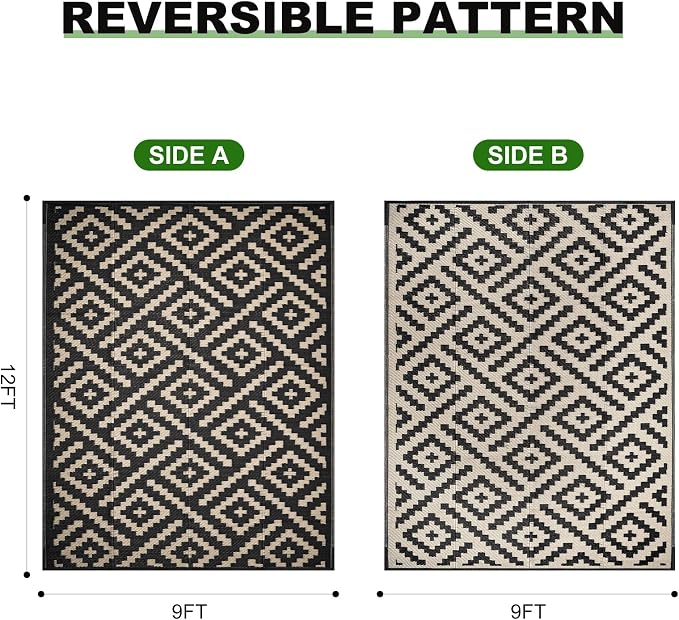RURALITY Outdoor Rugs 9x12 Feet for Patios Clearance,Plastic Straw Waterproof Mats for Backyard,Porch,Deck,Balcony,Black&Beige
