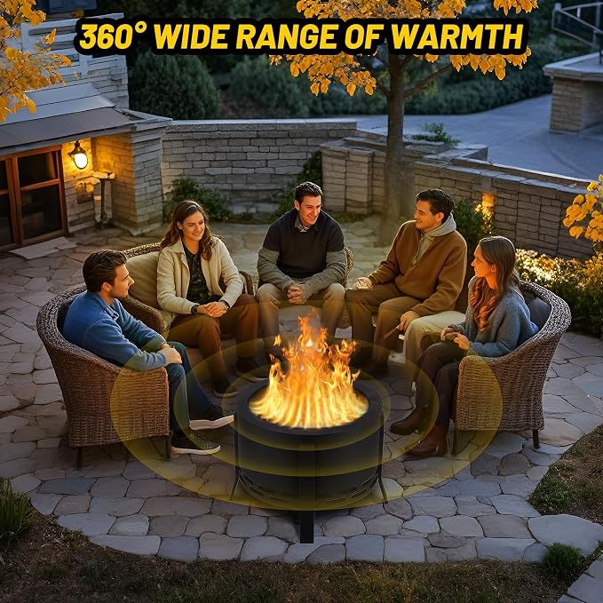 Smokeless Fire Pit 26" with Ash Tray Base - Large Steel Outdoor Fire Pits for Patio, Camping & Backyard, Includes Adjustable Feet, Fire Poker & Dust Bag