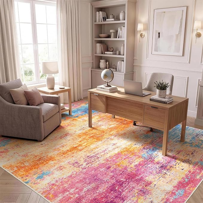 9x12 Area Rug for Living Room, Abstract Washable Large Rugs, Multicolor | Neutral Modern Carpet for Bedroom, Dining Room, Home Office Nursery Indoor, Stain Resistant, Low Pile, Non-Shedding Rug