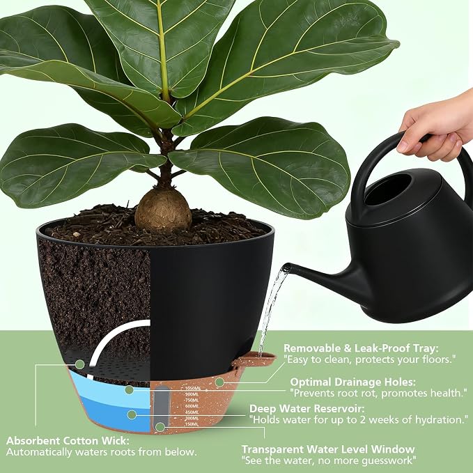 Self Watering Pots with Water Level Indicator, 12" 10" 9" 8" Large Plastic Flower Pots with Mesh Drainage Hole and Removable Saucer Reservoir for Indoor Outdoor Plants 4pcs （Black