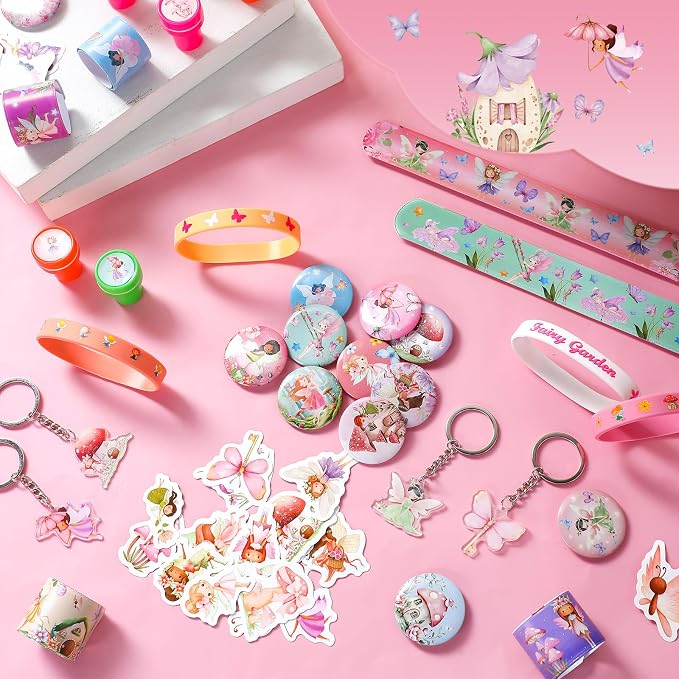 Funrous 122 Pcs Fairy Party Favors Bulk with Woodland Fairy Silicone Slap Bracelets Keychains Stickers Stampers Badges Gifts Bags for Fairytale Garden Forest Birthday Baby Shower Party Supplies