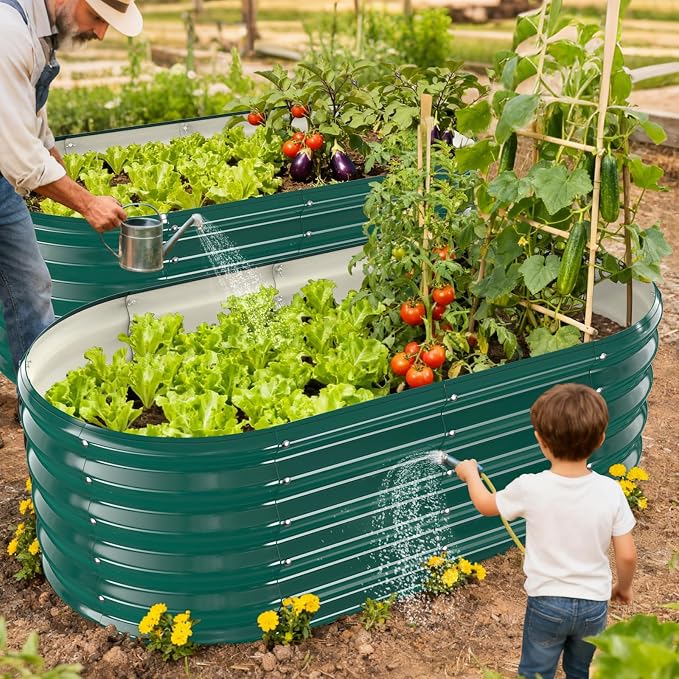 YSEJOMP 17" Tall Outdoor Garden Raised Garden Bed Kits, 4ft X 2ft Oval,0.8MM Thick Metal Raised Planter Bed/Ground Planter Box for Variety of Flowers,Herbs,Vegetables (Dark Green, 48X24X16.5 Inches)