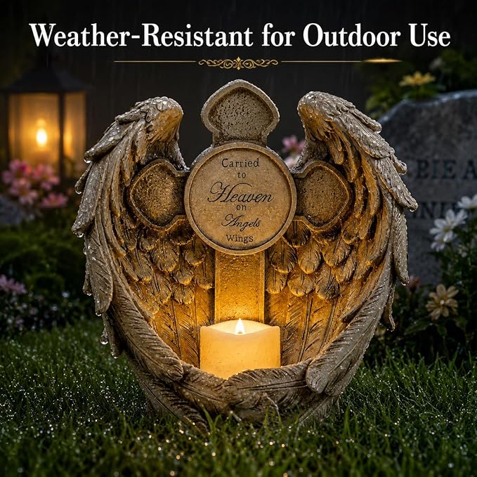 Solar Angel Wings Memorial Statue with LED Candle & Cross, Weather-Resistant Resin Grave Decorations for Cemetery, Sympathy Bereavement Gifts for Loss of Loved One