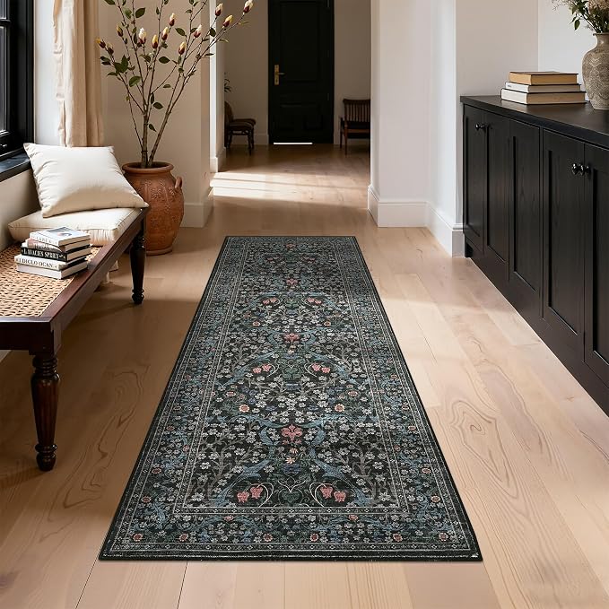 GarveeHome Dark Black Floral 2x6 Washable Kitchen Runner Rug | Vintage Stain Resistant Rugs for Entryway Hallway Bedroom Bathroom Low-Pile Non-Slip Soft Botanical Boho Rug TPE Backing