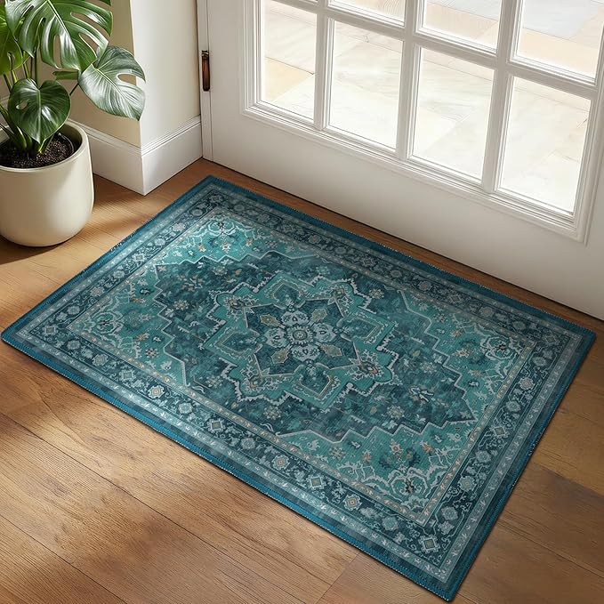 Teal 2x3 Washable Kitchen Rugs Non Slip, Boho Ultra Thin Door Mats Indoor Entrance, Vintage Medallion Classic Entryway Rug, Low Pile Small Rug for Inside Entry/Foyer/Bathroom/Bedside