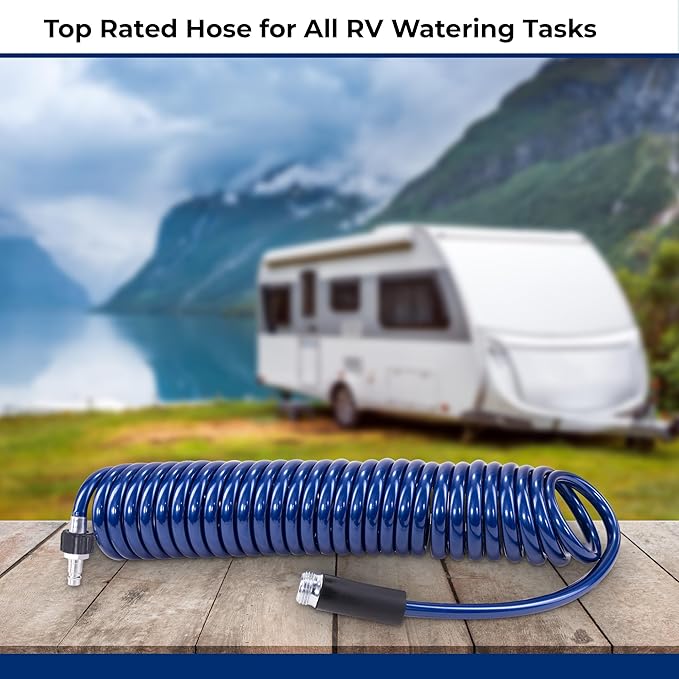 SpringHose RV Premium Polyurethane Drinking Water Safe Coil Hose with Male Adapter Plug - Lightweight Recoil Garden Hose Retractable Blue Coil Garden Hose 3/8 in by 15-Foot Made in Canada