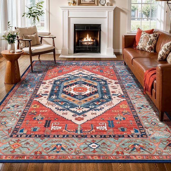 SERISSA 7x9 Washable Non Slip Boho Area Rug for Living Room，Rust | Ultra Soft Vintage Oriental Carpet Low-Pile Distressed Tribal Floor Carpet for Dining Room Bedroom Dorm Office Home Decor