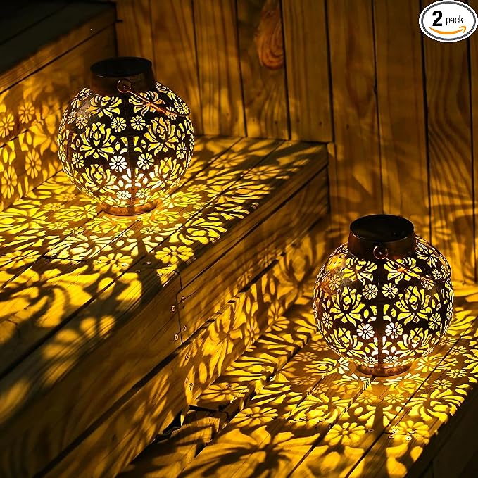 2 Pack Solar Lanterns Outdoor Gifts, IP44 Waterproof Hanging Solar Lights Decor Lamp for Garden, Patio, Pathway, Yard, Porch (Vintage Bronze Flower)
