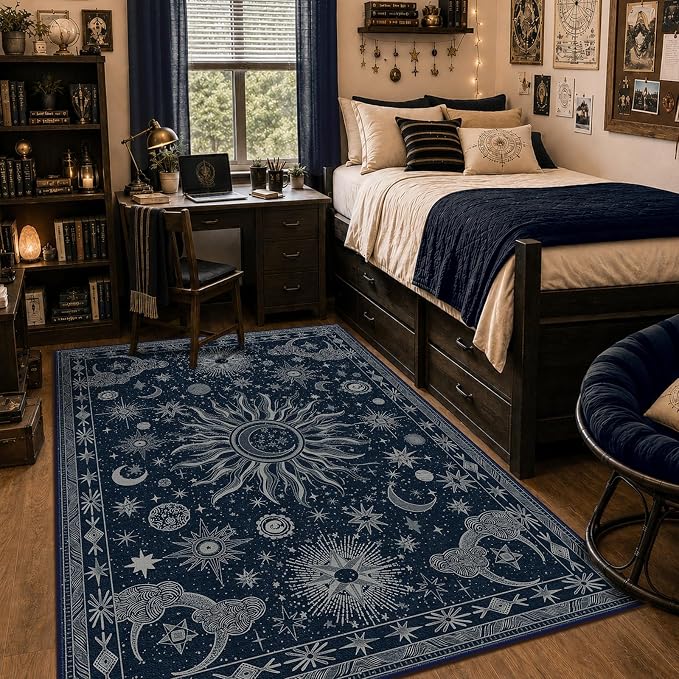 Vacuum-Friendly, 5x7 Washable Area Rug, Blue Gray White | Sun and Moon Boho Gothic Non-Slip Low Pile Living Roon Bedroom Dining Room Kitchen Entry Entryway Entrance Hallway Doormat