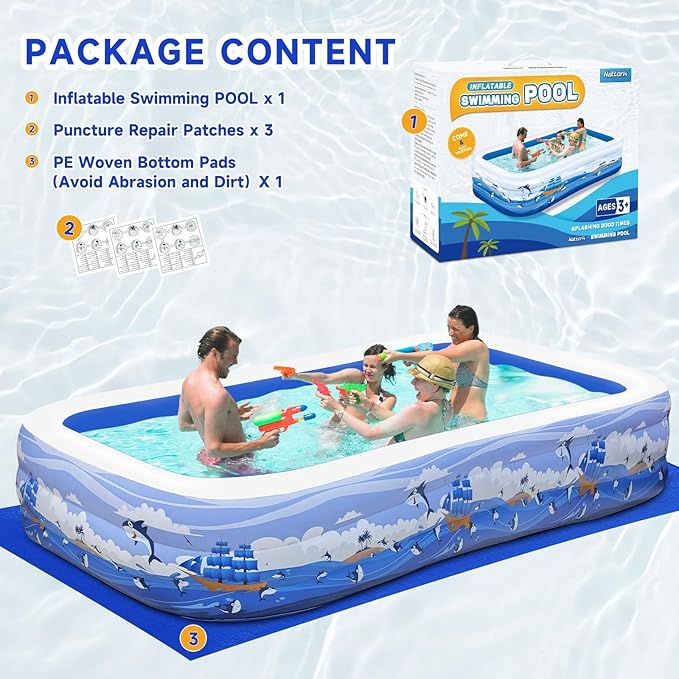 Inflatable Swimming Pool for Kids and Adults- 118" x 68" x 22" Family Full-Sized Blow Up Pools for Kids-Thickened Durable Above Ground Swimming Pool Backyard Lawn, Summer Party Outdoor and Indoor