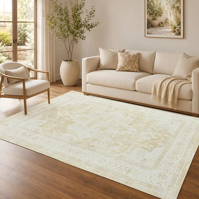 5x7 Area Rug for Living Room Vintage Neutral Washable Rugs | Beige Stain Resistant Farmhouse Boho Floral Indoor Carpet for Bedroom Office and Home Decor