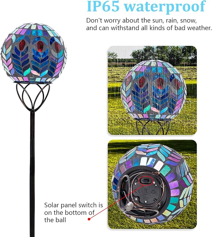 Solar Outdoor Decorative Light, Mosaic Ball Stake for Yard Decor, 6" | 6" Crackle Glass Sphere Mosaic Glass Ball Stake, Waterproof Design & Solar Lights for Lawn, Yard & Pathway Decor, Multi