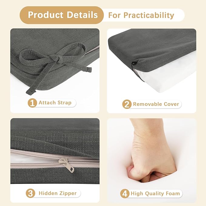 Favoyard Outdoor Bench Cushion 59 x 16 Inch Rainproof Patio Furniture Cushions 3-Year Color Fastness Garden Settee Porch Pads with Ties, Dark Gray