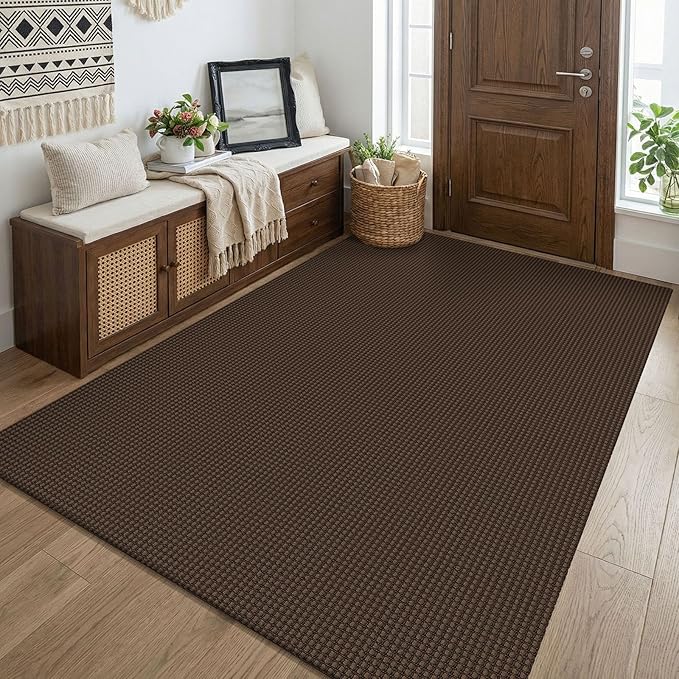 KOZYFLY Washable 4x5 Entry Woven Area Rug, Braided Throw Rugs for Entryway, Non Slip Door Mat Indoor Entrance, Flatweave Carpet for Foyer, Bedroom, Dining, Office, Brown/Dark Brown