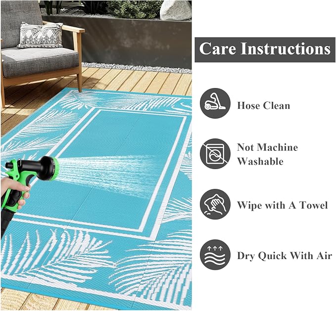 Bsmathom Waterproof Outdoor Rug 9x12ft Large Reversible Boho Plastic Straw Patio Deck Camping Rugs, Indoor Outdoor Portable RV Mat Carpet for Outside, Porch, Balcony, Backyard, Beach, Pool,Teal