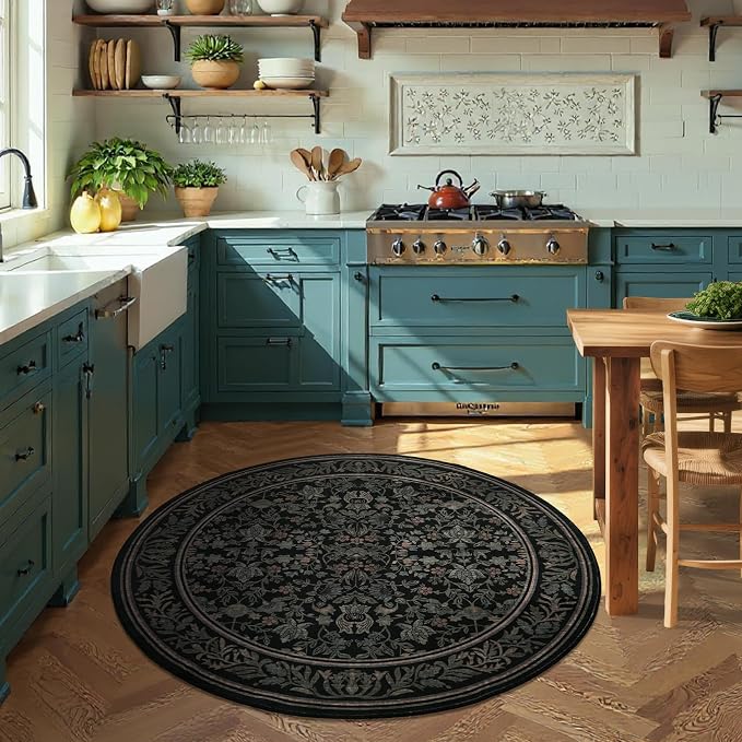 GarveeHome Round Rugs 4ft Washable Circle Rug for Living Room, Black | Boho Vintage Non Slip Soft Low Pile Stain Resistant Indoor Carpet for Bedroom Dining Room Kitchen Entryway Office