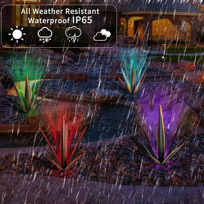 KODIBO Large Tequila Rustic Sculpture, Rustic Metal Agave Plants for Outdoor, Metal Agave Garden Yard Statue, Outdoor Lawn Ornaments Yard Stakes (Rusty - L (W/Solar Light))