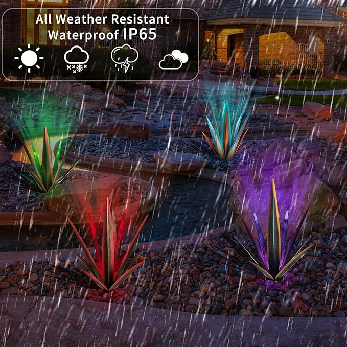 KODIBO Large Tequila Rustic Sculpture, Rustic Metal Agave Plants for Outdoor Patio Yard, Home Decor Hand Painted Metal Agave Garden Yard Statue, Outdoor Lawn Ornaments (Red - L (W/Solar Light))