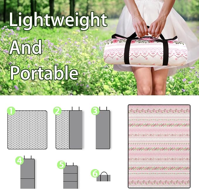 Pink Flower Picnic Blankets Waterproof Foldable, 60’‘x80'' Portable Outdoor Picnic Mat Water Resistant for Grass, Padded Lawn & Park Blanket for Camping, Hiking