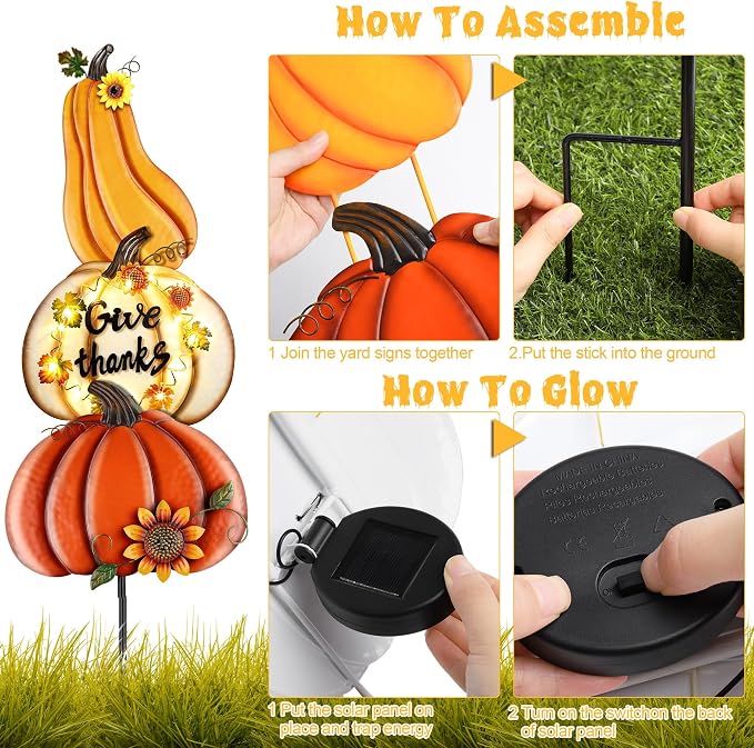 Fovths 42.3 Inch 3 Pieces Thanksgiving Metal Fall Pumpkins Garden Yard Sign, Giant LED Metal Thanksgiving Pumpkin Yard Sign Stakes, Waterproof Fall Harvest Pumpkin for Outdoor Lawn Decor