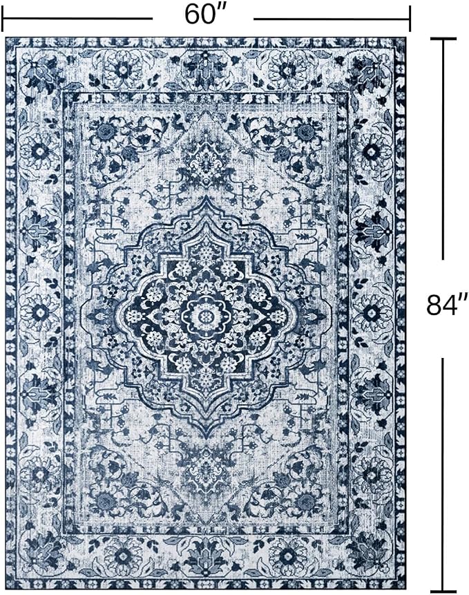 YJ.GWL Area Rugs for Living Room 5x7 Machine Washable Rugs, Non Slip Floral Vintage Rug Indoor Carpet, Stain Resistant Large Rug for Bedroom Dining Room, Navy Blue