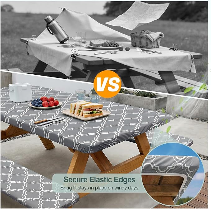 Play Tailor Picnic Table Cover with Bench Covers Camping Essentials Waterproof Windproof Camping Tablecloth with Drawstring Bag, Fitted Rectangle Tables and Seats, 72in, Grey