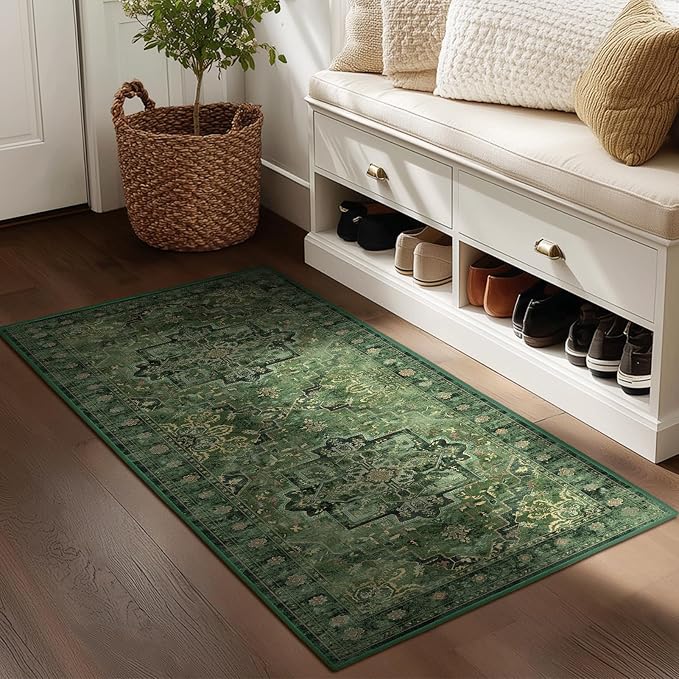Dark Green 2x4 Entryway Small Rug, Retro Distressed Medallion Door Mat Indoor Entrance Entry Way, Washable Non Slip Low Pile Thin Runner Rug for Kitchen Floor Sink Area Bathroom