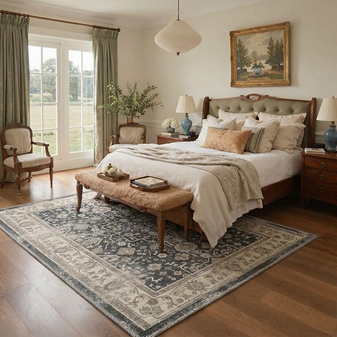 2x3 Doormat, Vintage Floral Washable Non Slip Area Rug for Entrance | Oriental Floral Soft Low Pile Boho Rug for Entryway Bedside Kitchen, Stain Resistant Lightweight Easy Care, Dusty Charcoal