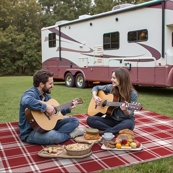 GENIMO Waterproof Outdoor Rug for Patio Clearance, 3'x5' Reversible Plastic Straw Rugs, Lightweight RV Camping Mat for Camper, Balcony, Deck, Backyard, Picnic, Red White Plaid