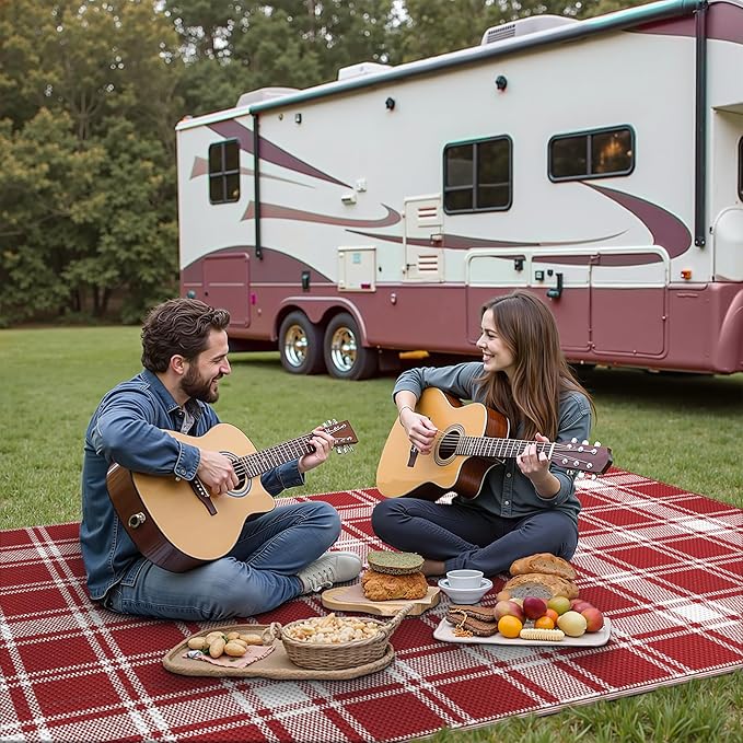 GENIMO Waterproof Outdoor Rug for Patio Clearance, 9'x12' Reversible Plastic Straw Rugs, Lightweight RV Camping Mat for Camper, Balcony, Deck, Backyard, Picnic, Red White Plaid