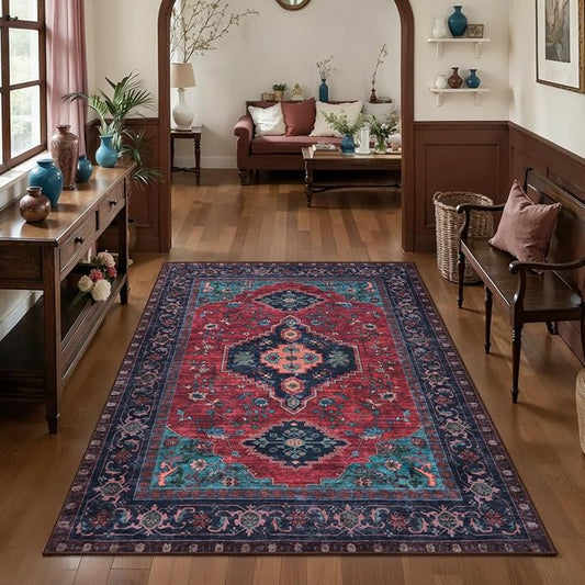 Tangsoo Oriental 3x5 Washable Area Rugs, Vintage Non Slip Accent Rug | Boho Indoor Print Distressed Carpet, Soft Low Pile Rug for Living Room Dining Bedroom Bedside Entryway Burgundy Navy
