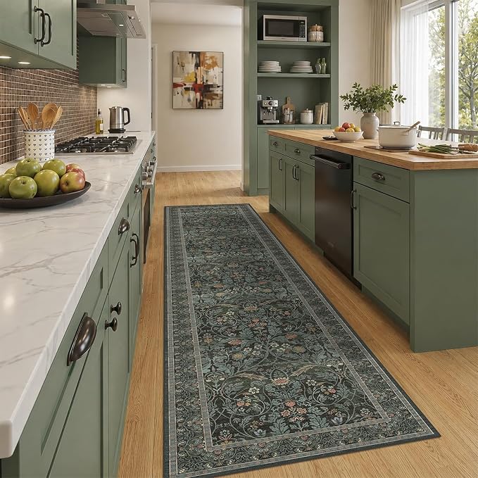 Dark Green 2'6"x10' Hallway Runner Rug - Washable Non Slip 10ft Wide Long Runner Rugs for Kitchen Entryway Indoor Vintage Floral Low Pile Stain Resistant Carpet