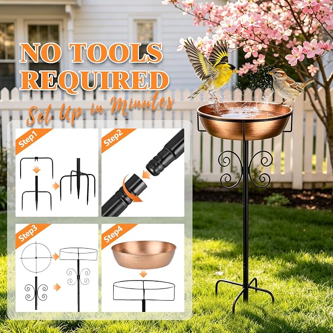Btefd 3" Deep 43" Tall Copper Metal Bird Bath for Outdoor, 12" Dia Removable Bird Baths Water Bowl for Outside, Standing Birdbaths with Stable Stake for Garden Yard Lawn Decor 1.4 Gallon