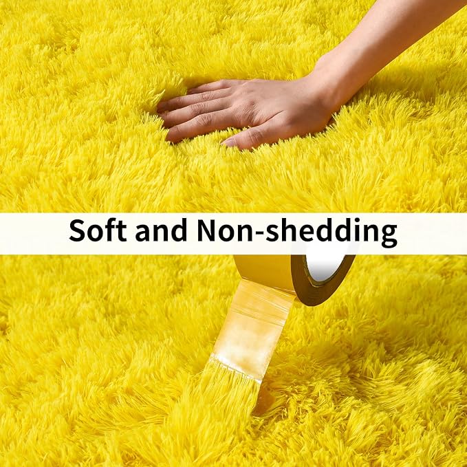 8x10 Large Area Rugs for Living Room, Fluffy Washable Yellow | Upgrade Non-slip, 8 x 10 Big Shag Rug for Bedroom Girls Kids Nursery, Modern Shaggy Furry Carpet for Dorm, Flame Resistant