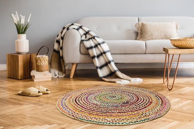 COTTON CRAFT Jute Chindi Braid Rag Rug - 3 Feet Round Multi Color Area Rug | Handwoven Reversible Jute & Natural Recycled Cotton Boho Farmhouse Rustic Area Accent Rug - Living Room Carpet Home Décor