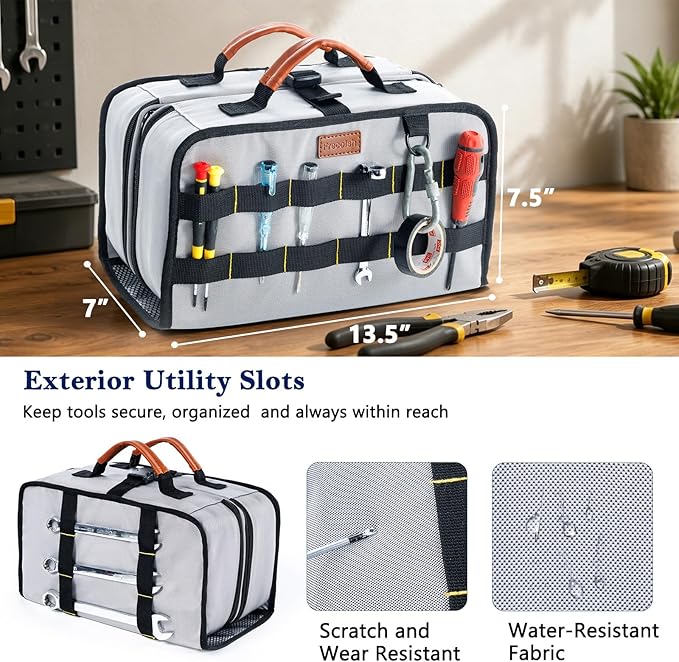 Heavy Duty Tool Bag Organizer with Clear Lid Compartments for Electrician, Portable Tool Organizer Case for Multimeter, Diagnostic & HVAC Repair Tools, Roll Up Tool Bag Organizer