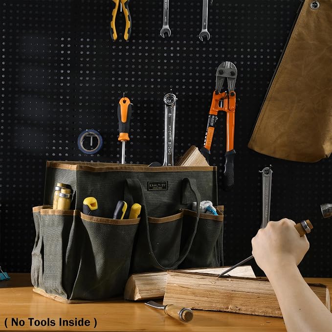 Tool Tote Bag, Heavy Duty 16oz Waxed Canvas Garden Tool Bag | Portable 11-Pocket Tool Storage Bag for Gardener Electrician Contractor Repairman (14"L x 5.5"W x 10.5"H) – Army Green