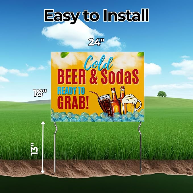 Cold Beer & Sodas - Ready to Grab! Yard Sign by DC | 24"x18" Double Sided Conv. Store Garden Sign with 13” Metal Stakes | Outdoor Signs Waterproof for Lawn, Patio, Sidewalk & House | Set of 2