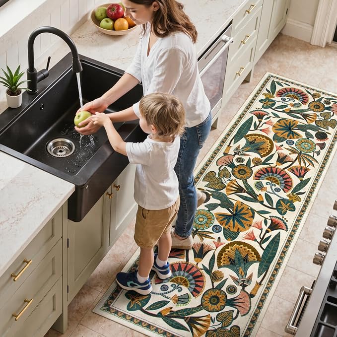 Zealude Washable Kitchen Runner Rug, Floral 2x6 Rug Runners for Hallways, Washbale Non Slip Beige Rugs, Soft Low Pile Carpet for Bedroom Entryway Laundry Room