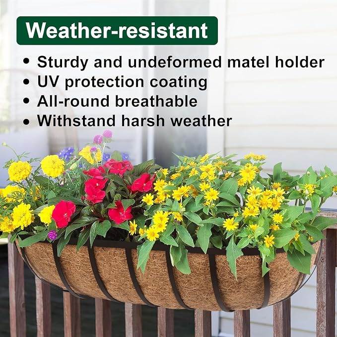DUNCHATY 24 Inch Railing Planter 3 Pack - Adjustable Metal Window Box Planter with Coco Liner for Deck Balcony Porch Fence - Outdoor Hanging Flower Basket for Herbs & Flowers