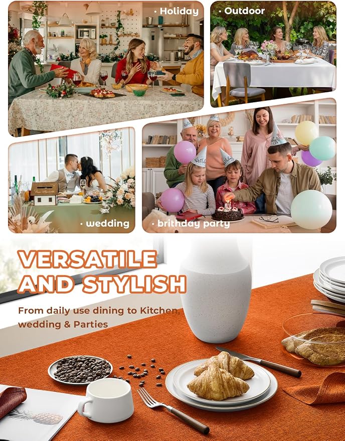 Decorelia Waterproof Wipe Clean Table Cloth for 10ft Banquet Rectangle Table, Outdoor Spillproof Wrinkle Free Tablecloth for Thanksgiving, Christmas, Easter (Oblong, 60 x 144 Inch (12-14 Seats), Rust)