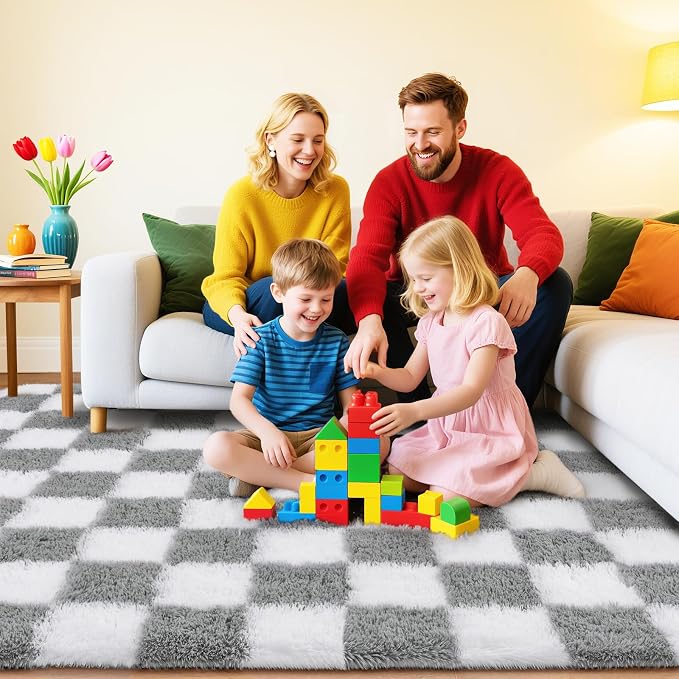 Checkered Rug for Living Room 6x9, Ultra Fluffy Fuzzy Shag Large Area Rug for Bedroom, Modern Plush Soft Upgrade Non-Slip Carpet for Kids Girls and Boys Room Dorm Home Decor, White and Grey