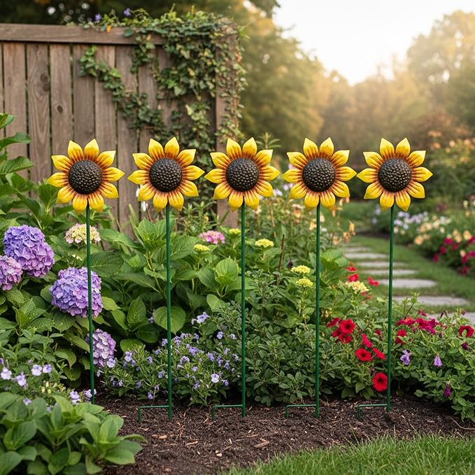 Sunflowers Metal Yard Art Wind Spinners Outdoor Decoration Stakes | 5pcs Lawn Ornaments, Lawn Decorations Garden Stakes, Metal Outside Decor for Flower Garden Decor, Sunflower Gift for Women