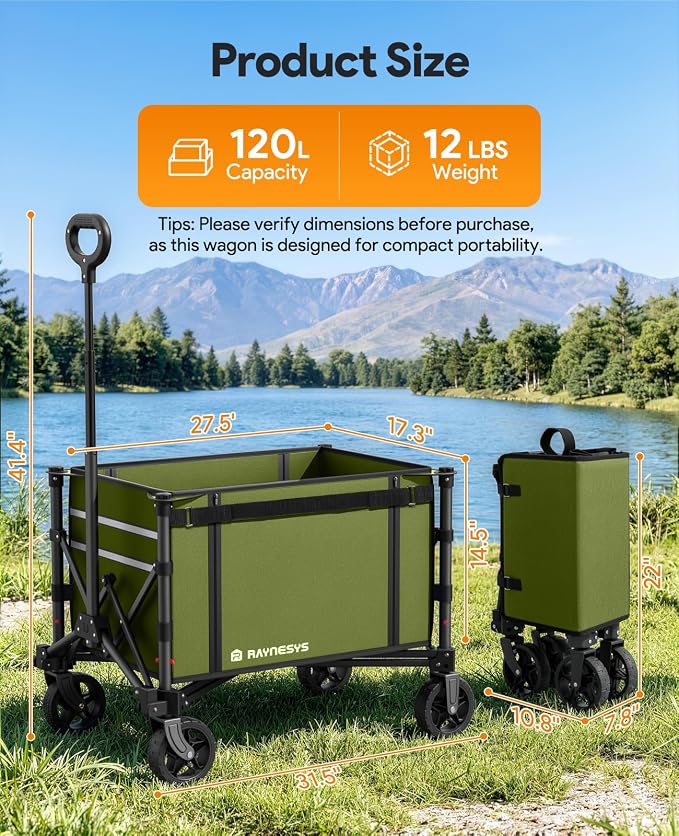 Raynesys Collapsible Wagon Cart with Wheels 220lbs Foldable Wagon 120L Shopping Cart for Groceries Folding Utility Wagon for Beach, Garden, Camping, Sport, Wheelbarrows, Green