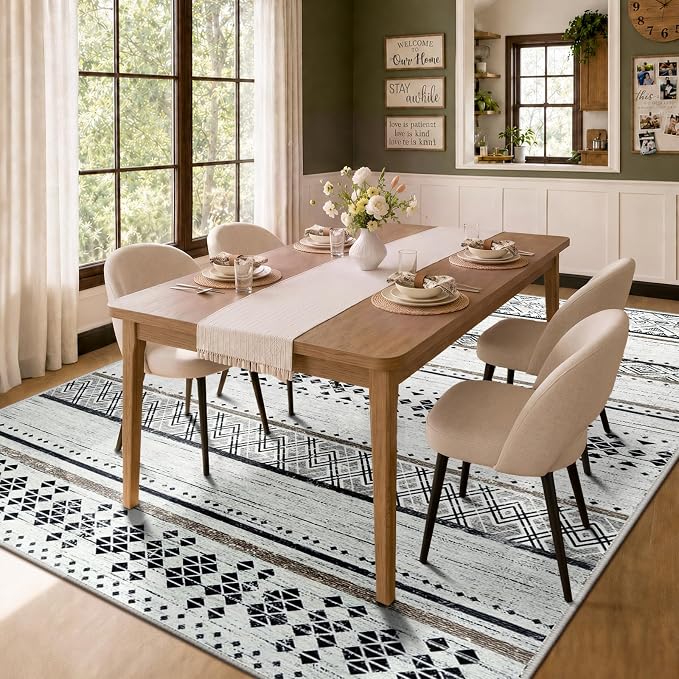 8x10 Washable Area Rugs for Living Room Boho Bedroom Rug Black/Brown | Vacuum Friendly, Machine Washable, Non-Slip Rug, Stain Resistant, Moroccan Geometric, Low Pile Carpet, Dining Room Kitchen